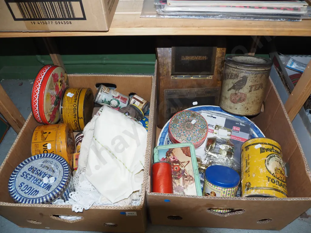2x boxes; doilies, tablecloths, vintage tins, door hardware  etc - blue dots Image 1++