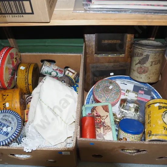 2x boxes; doilies, tablecloths, vintage tins, door hardware  etc - blue dots