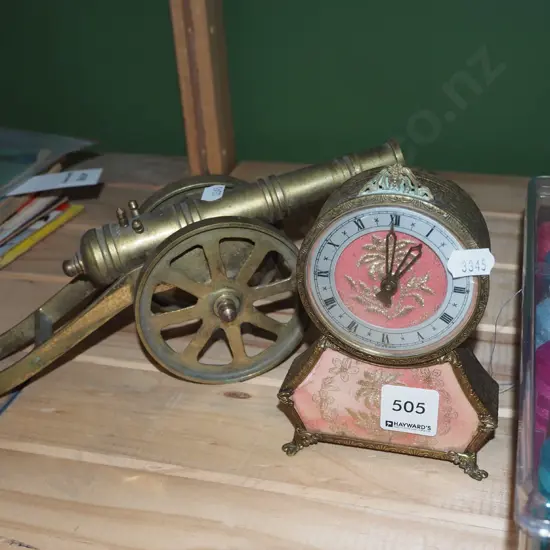 reproduction French themed bedside clock, brass canon H150