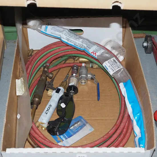 box; gas welding torches,valves, rods etc