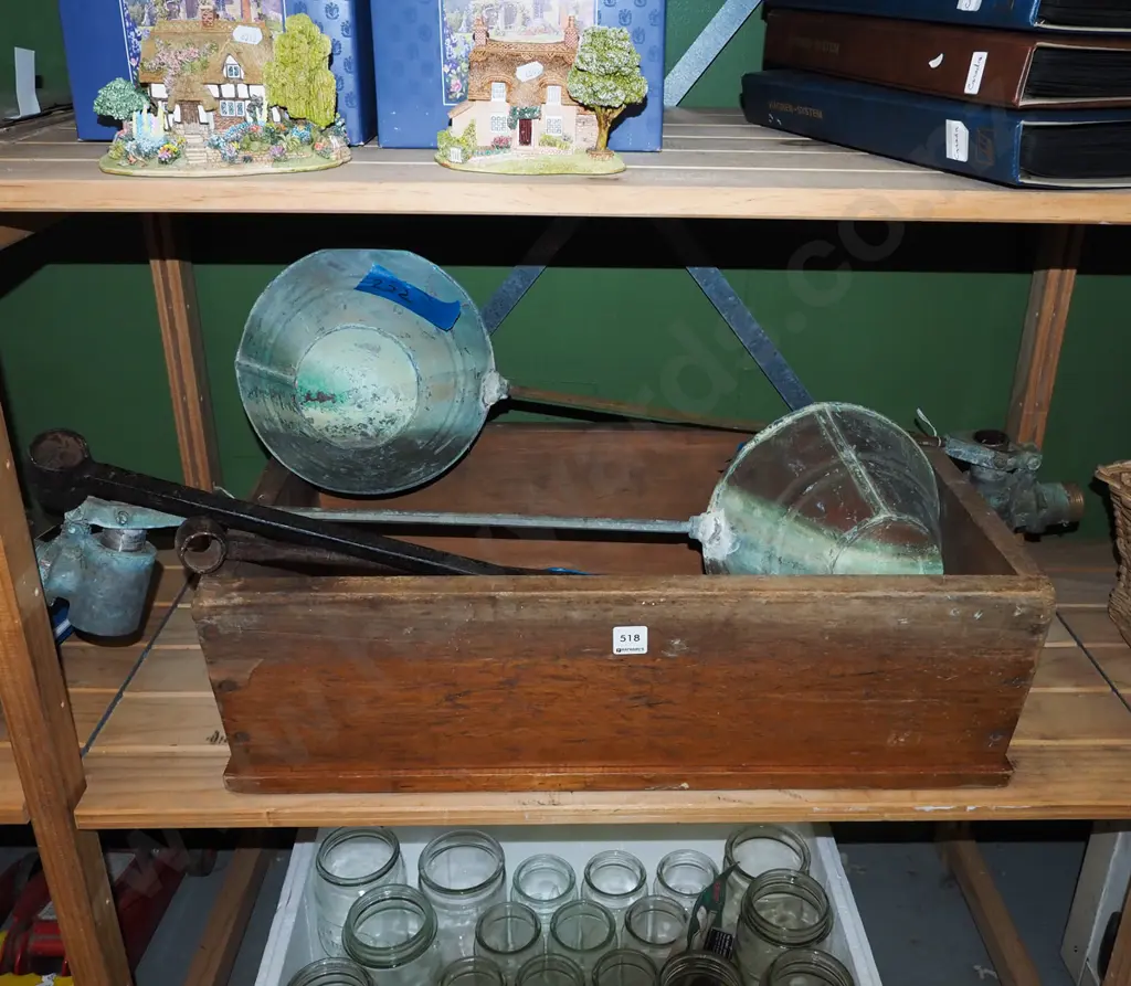 wooden crate, 2 large vintage wall clocks, auger bits Image 1++