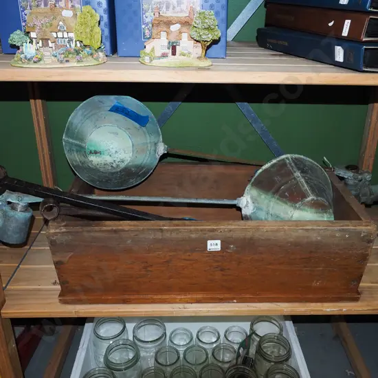 wooden crate, 2 large vintage wall clocks, auger bits