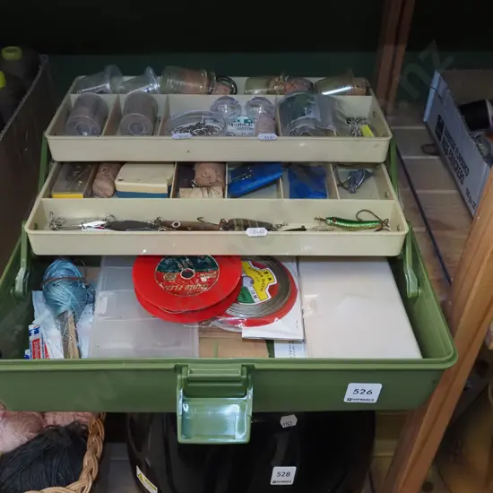 tackle box; lures, hooks, lines etc