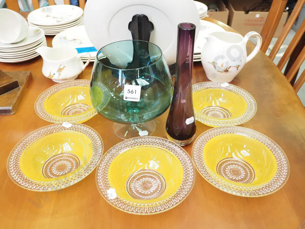 large green glass brandy balloon, purple glass vase, 5 yellow glass sweet dishes Image 1++