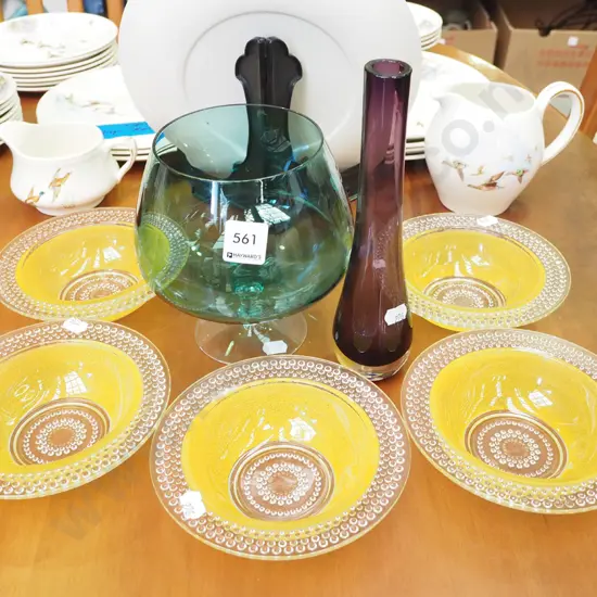 large green glass brandy balloon, purple glass vase, 5 yellow glass sweet dishes