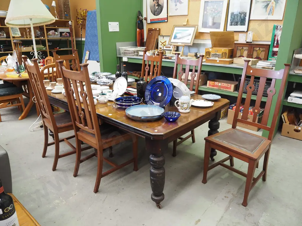 vintage New Zealand colonial kauri wind-out turned leg dining table with 6 walnut slat back chairs Image 1++