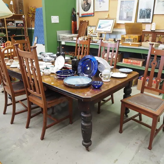 vintage New Zealand colonial kauri wind-out turned leg dining table with 6 walnut slat back chairs