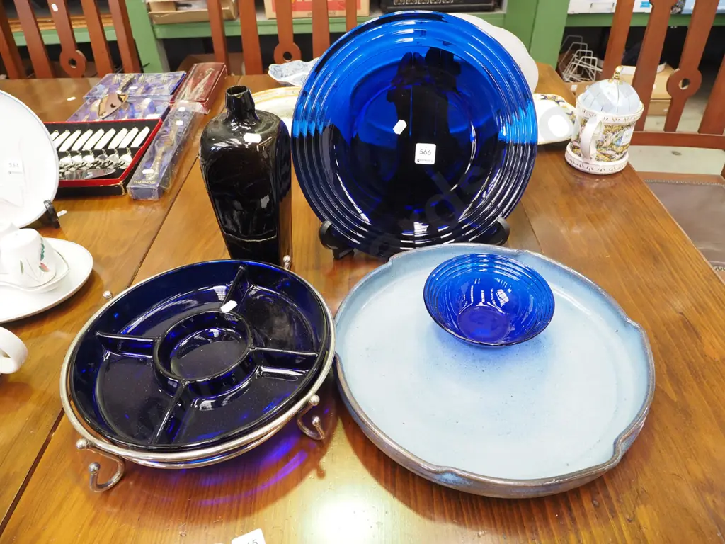 blue glass bowl, plates, gin bottle, studio pottery platter etc Image 1++