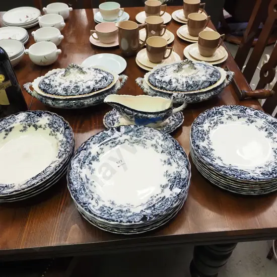 assorted vintage blue and white dinner items; veges, bowls, gravy boat