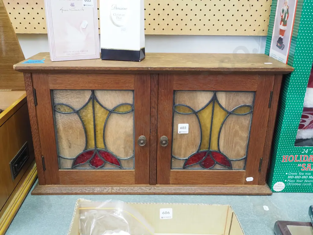 small art nouveau oak 2 door leadlight cupboard H330 W610 D200 Image 1++