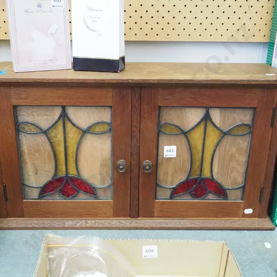 small art nouveau oak 2 door leadlight cupboard H330 W610 D200