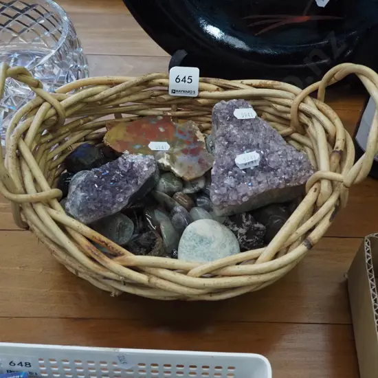 cane basket; gem stones polished stones
