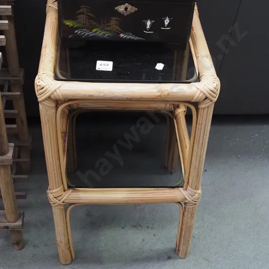 small bamboo and smoked glass end table