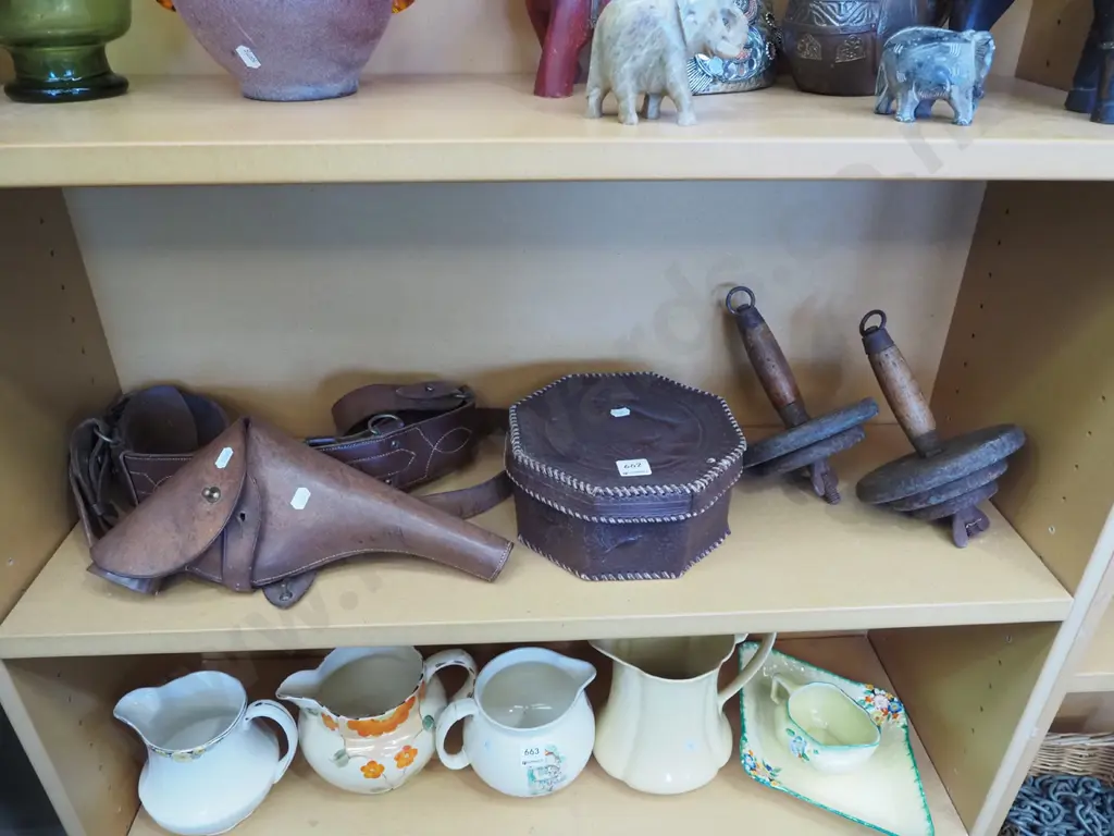 shelf; vintage hand weights, collar box, leather holster and toy plastic gun Image 1++