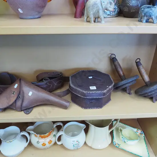 shelf; vintage hand weights, collar box, leather holster and toy plastic gun