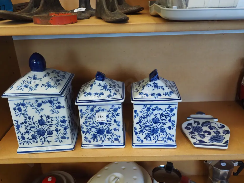 3x blue and white canisters, spoon rest Image 1++