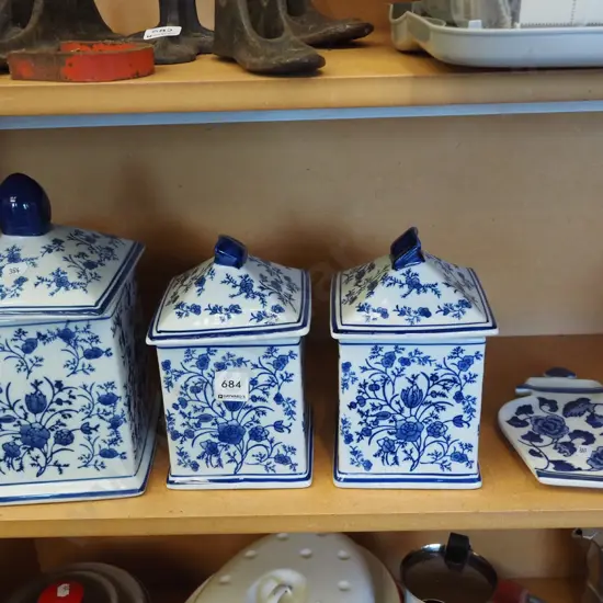 3x blue and white canisters, spoon rest