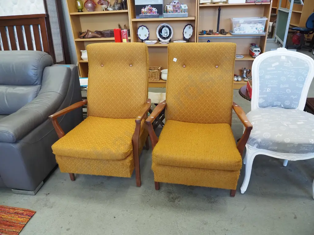 pair of mid century orange upholstered armchairs need attention Image 1++