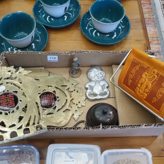 box; reception bell, tooled leather NZ letter track, alloy tiki etc