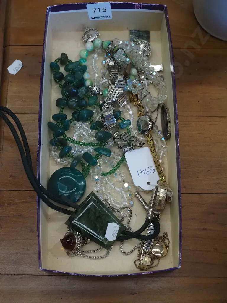 box;costume jewellery necklaces, watches, agate and silver drop pendant, silver choker necklace, nephrite on green cord  Image 1++