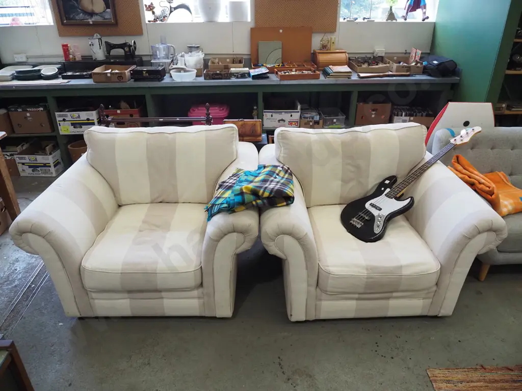 pair of large tapue and cream upholstered armchairs Image 1++