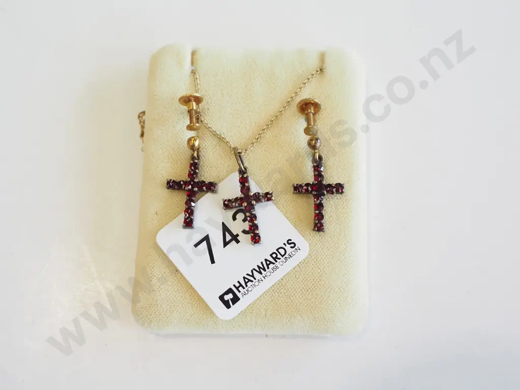 gold plated garnet cross pendant & clip on earring set Image 1++