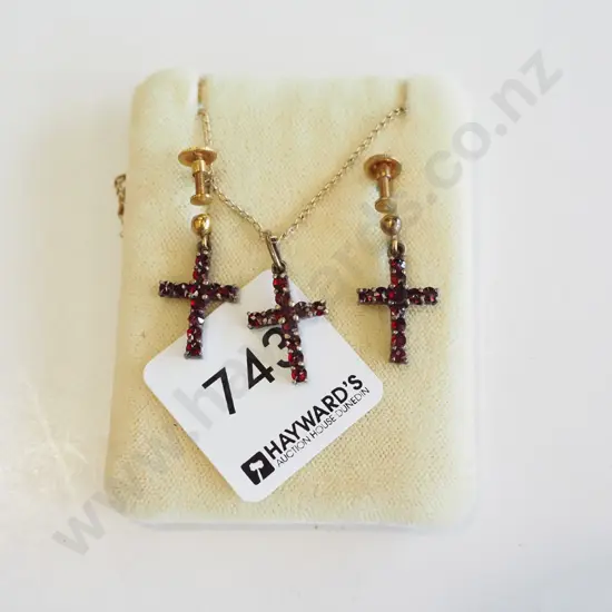gold plated garnet cross pendant & clip on earring set