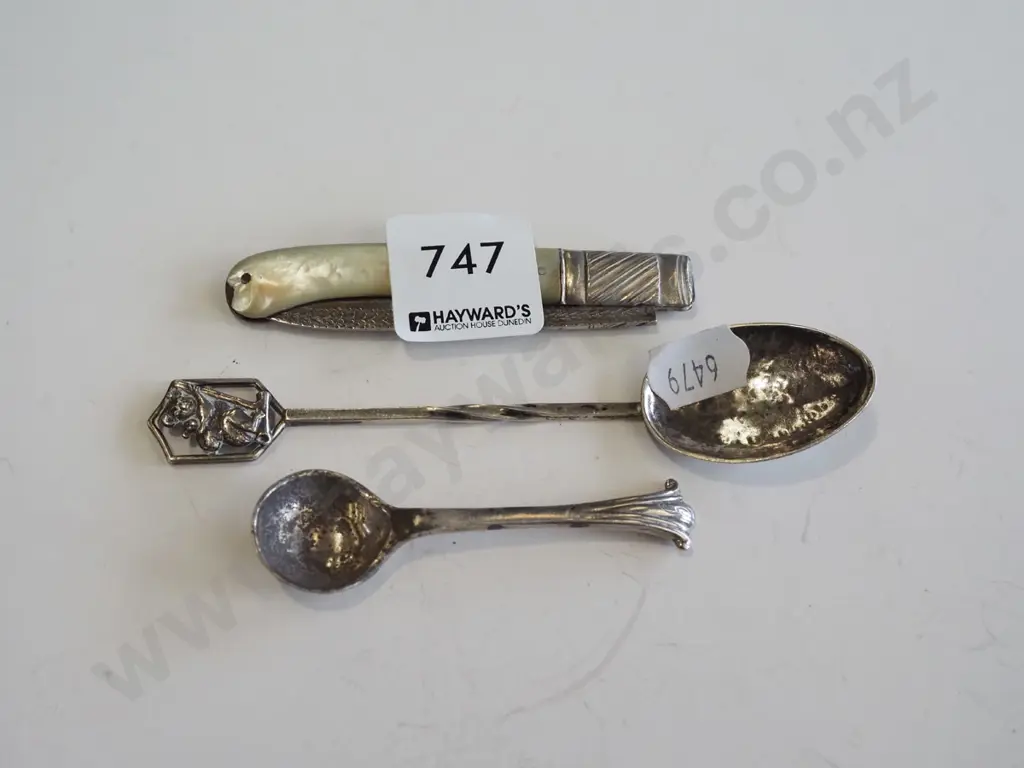 sterling silver teaspoon, mustard spoon & mother of pearl pocket knife Image 1++