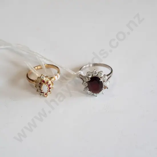 sterling silver,  cz & red stone ring, missing 1 stone, gold plated ring - missing 1 stone