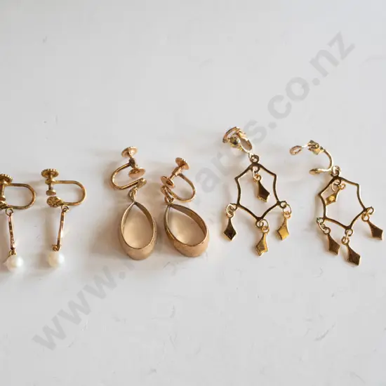 3x pairs of gold plated clip on earrings