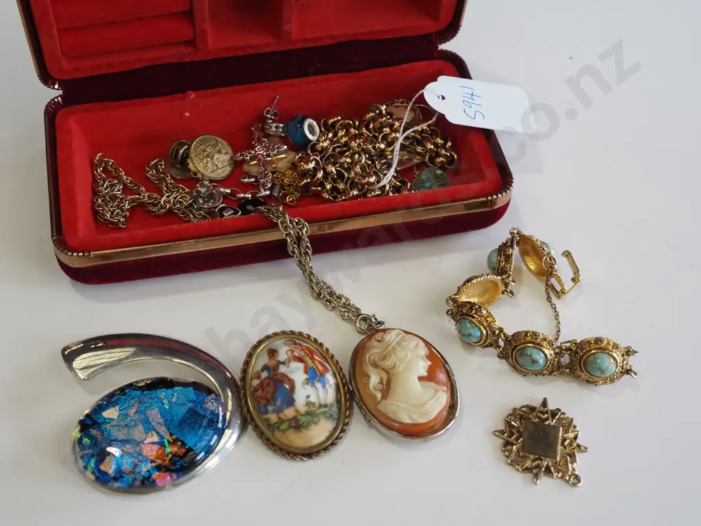 jewllery case; necklaces, bracelet, pendants etc (small cameo earring is broken, stamped 9ct) Image 1++
