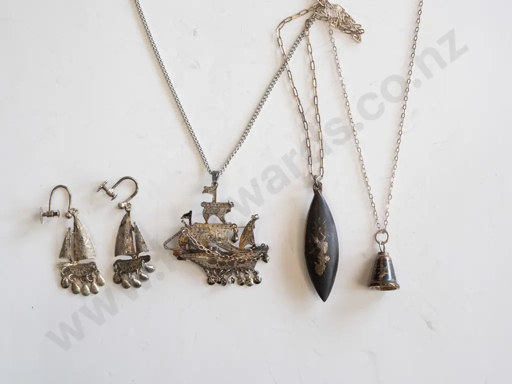 tray; sterling silver sailing ship pendant necklace & clip on earring set, 2x sterling silver Siam necklaces Image 1++