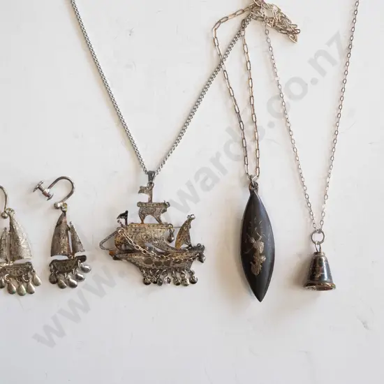 tray; sterling silver sailing ship pendant necklace & clip on earring set, 2x sterling silver Siam necklaces