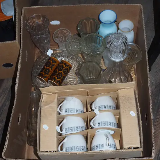 box; tea set, decanters, vases etc