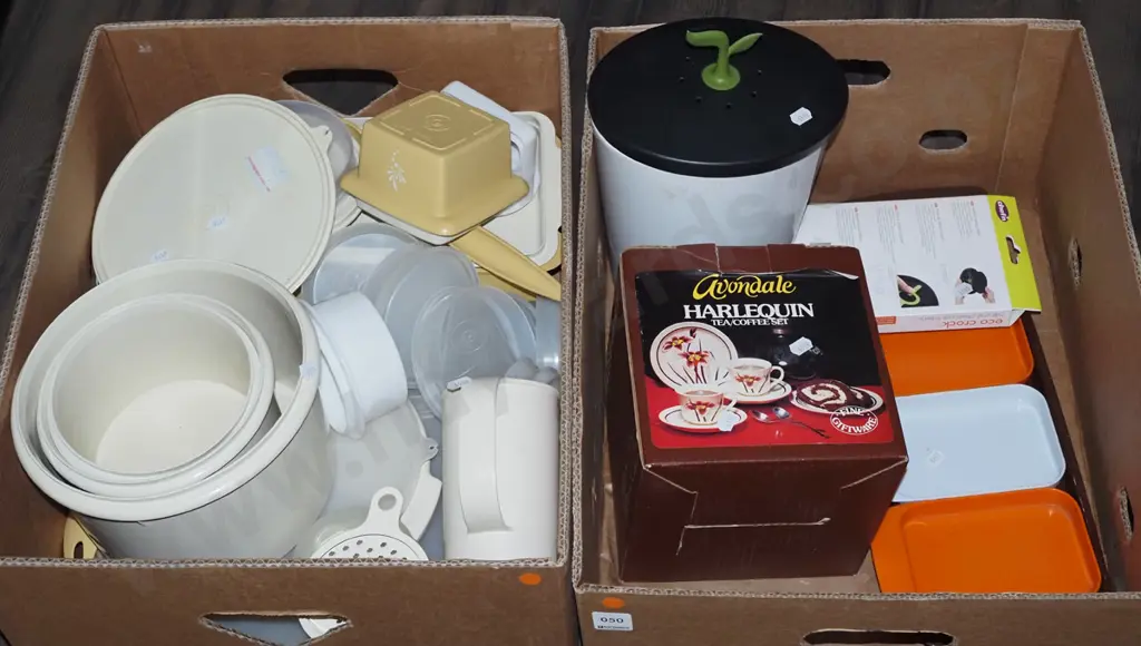 2x boxes; tupperware, canister, tea and coffee set - orange dots Image 1++