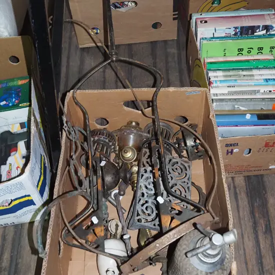 box; soda syphon, part rise and fall light fittings, trivet etc