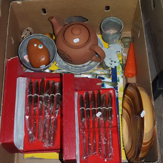 box; sovereign ware tray, tea pot, cased cutlery etc