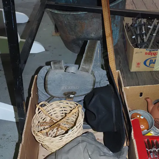 box; advertising rules, backpacks, felt hat etc