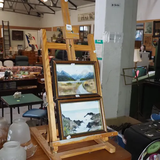 2x small landscape oils, easel