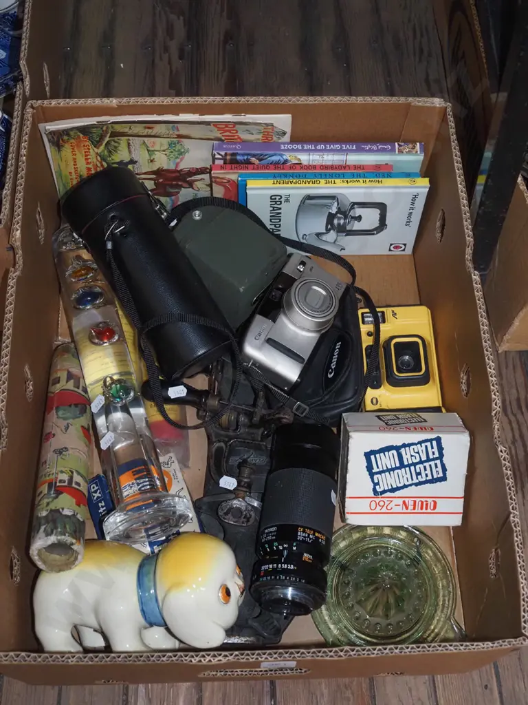box; camera lenses, cameras, galileo thermometer etc Image 1++