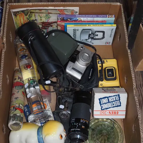 box; camera lenses, cameras, galileo thermometer etc