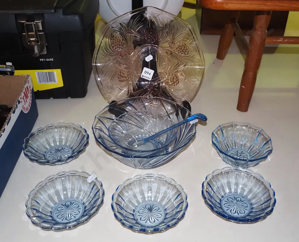 blue depression glass sweet set, pine cone pressed amber rose bowl Image 1++
