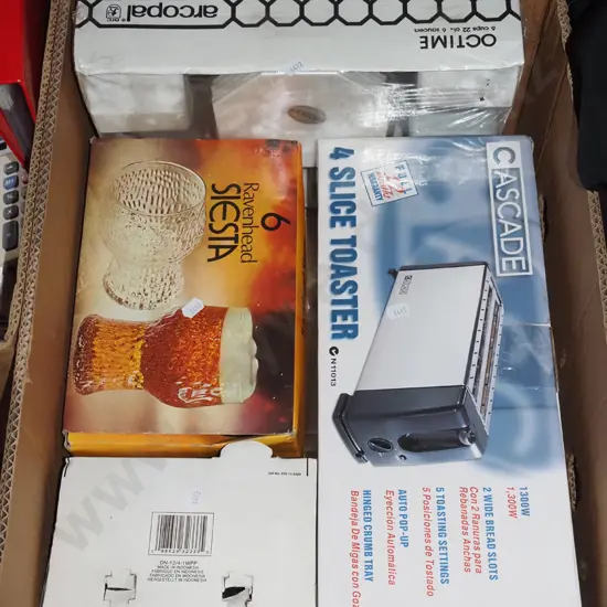 boxed as new old toasters, glasses, tea ware etc