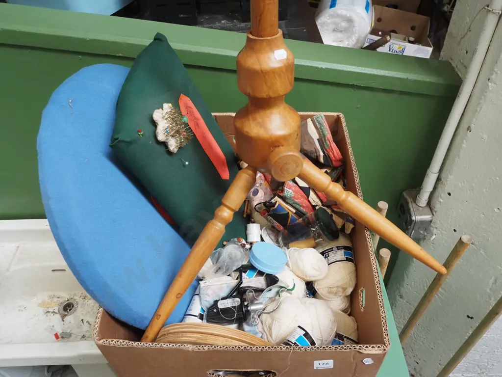 box of lace making accessories; stand cushions, bobbins etc Image 1++