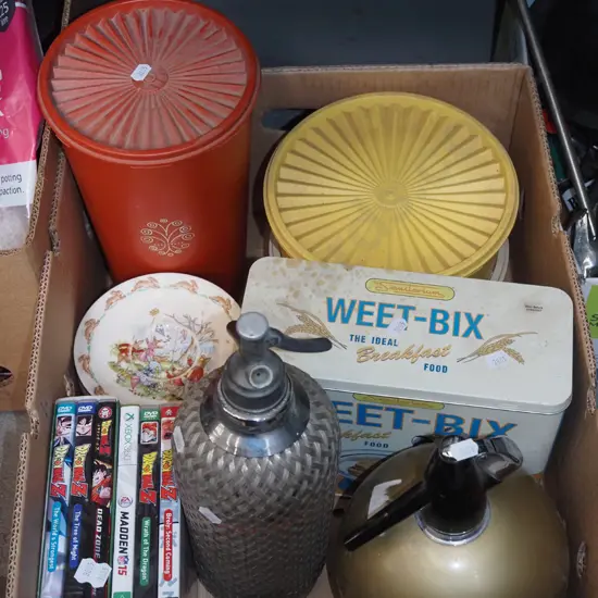 box; soda syphons, DVDs etc
