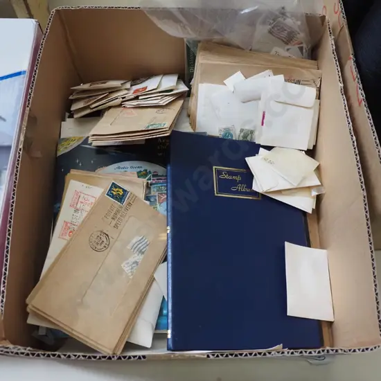box; stamp albums and stamps