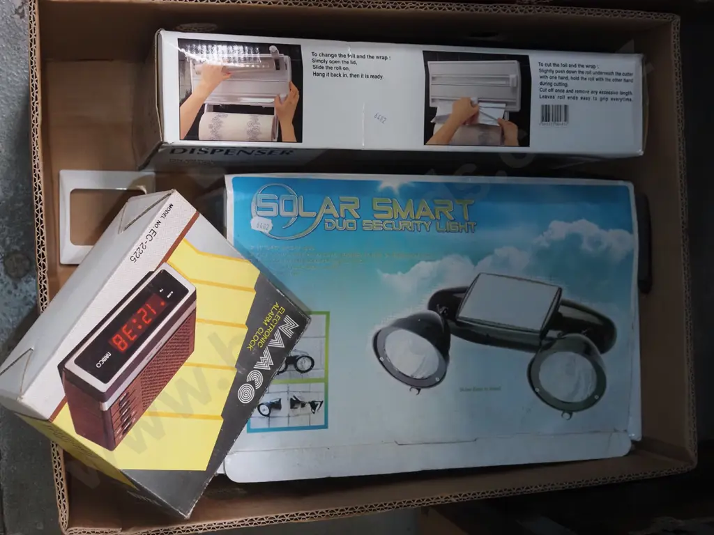 box; kitchen roll dispenser, solar power lights, as new old alarm clock Image 1++