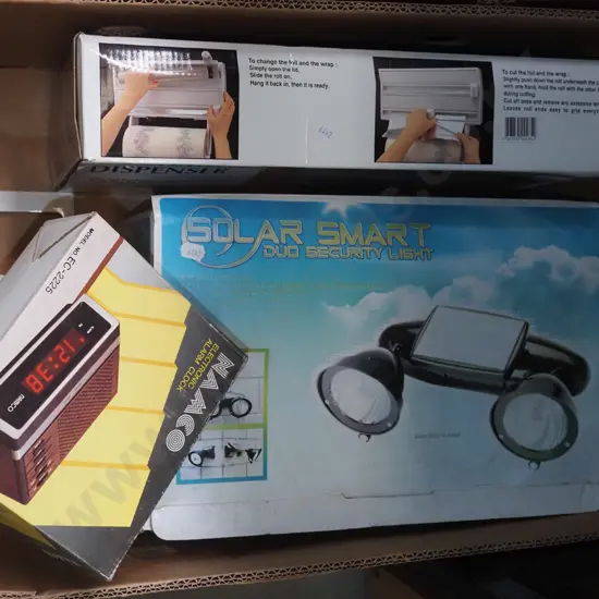 box; kitchen roll dispenser, solar power lights, as new old alarm clock