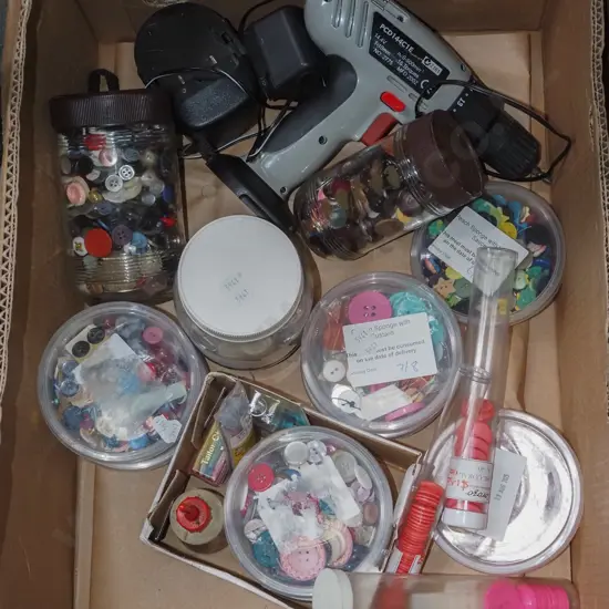 box; buttons, battery drill