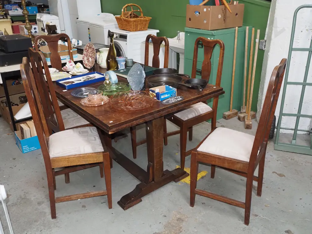 oak extending refectory based dining table with 6 splat back chairs Image 1++